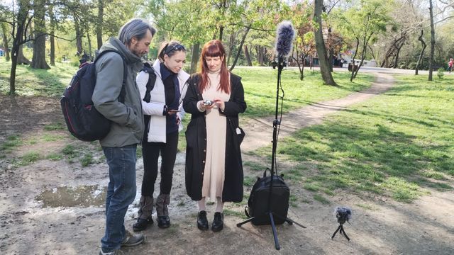 The team—the artist, the two ornithologists, and the curator—reviewing audio tracks on-site. Photo: Mihaela Ciobotă